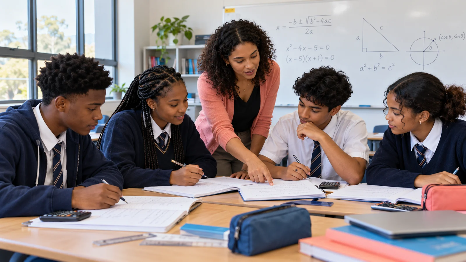 Illustrative classroom scene of learners working together on maths with a tutor
