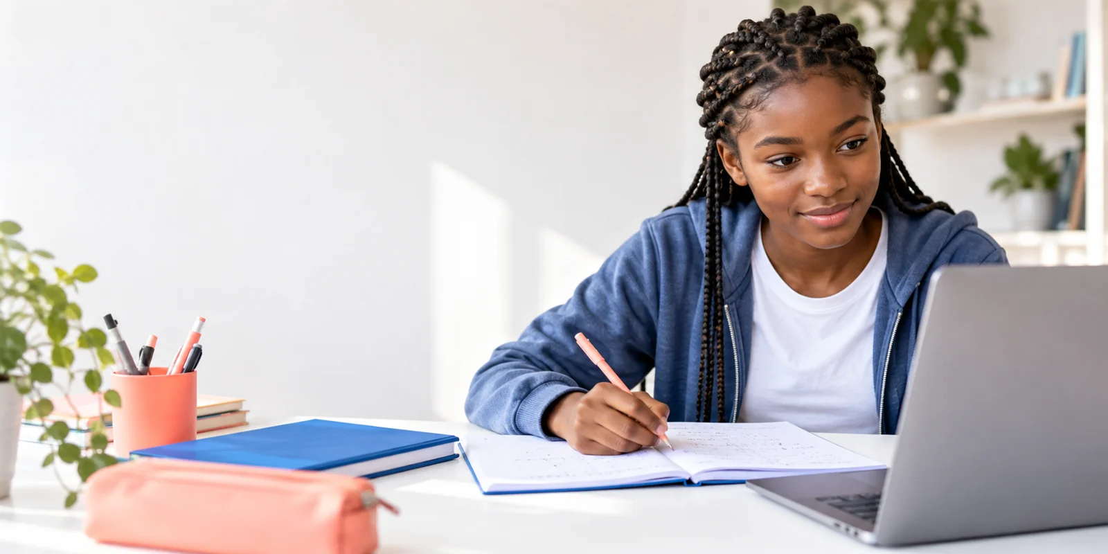Illustrative image of a learner working on maths during an online lesson